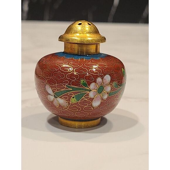 Cloisonné Open Salt Bowl Cellar Pepper Shaker Flower Enamel Brass Stacking PINK - Picture 6 of 10